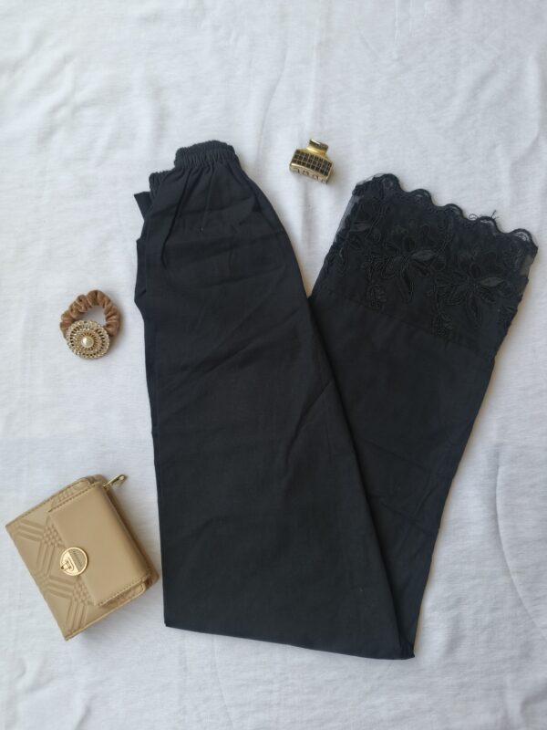 Black Trousers with Embroidered Lace Hem