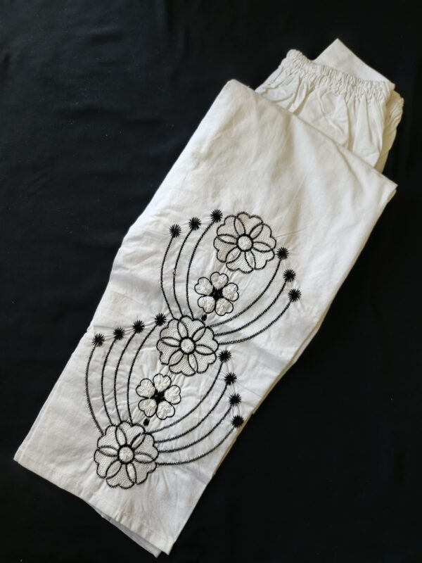 White Cotton Trouser with Black Floral Embroidery