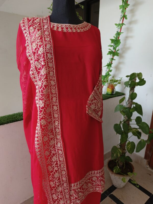 Red Chiffon Embroidered 3-Piece Suit - Image 2