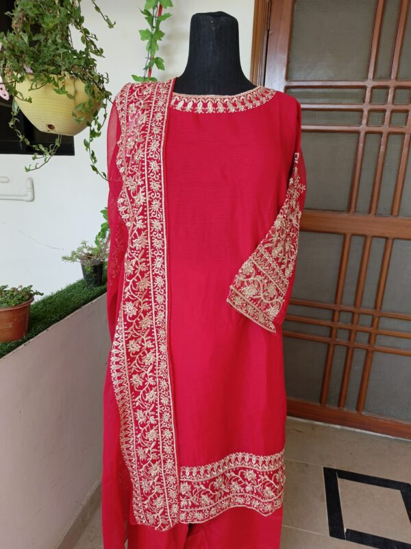 Red Chiffon Embroidered 3-Piece Suit - Image 4