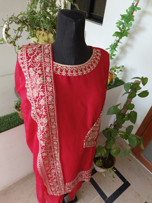 Red Chiffon Embroidered 3-Piece Suit - Image 3