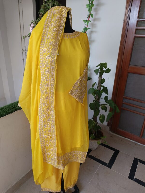 Yellow Chiffon Embroidered 3-Piece Suit - Image 4