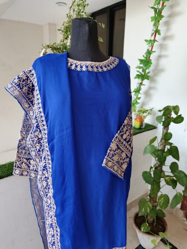 Dark Blue Chiffon Embroidered 3-Piece Suit - Image 4