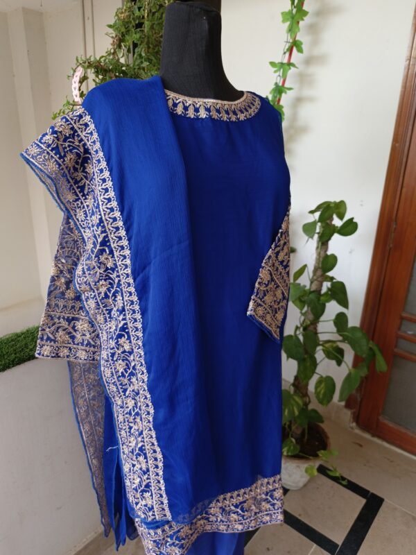 Dark Blue Chiffon Embroidered 3-Piece Suit - Image 3