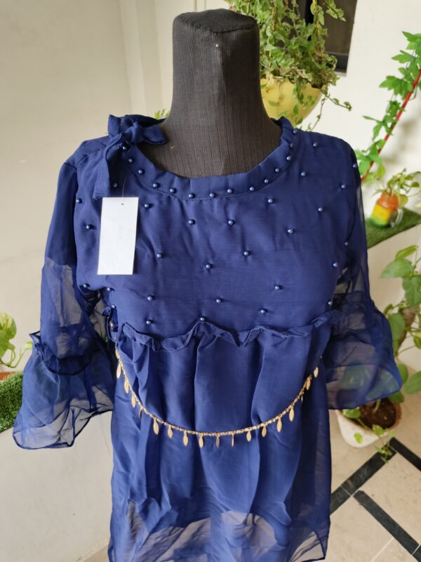 Navy Blue Pearl Chiffon Top - Image 2